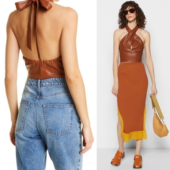 NWT STAUD 70s Vegan Leather Keyhole Twist Front Open Back Halter Tie Crop Top 10 - Picture 8 of 17